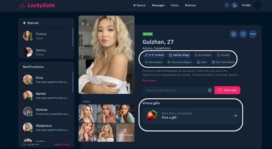 Example of profile page on TheLuckyDate