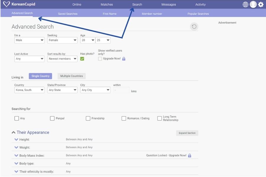 KoreanCupid advanced search